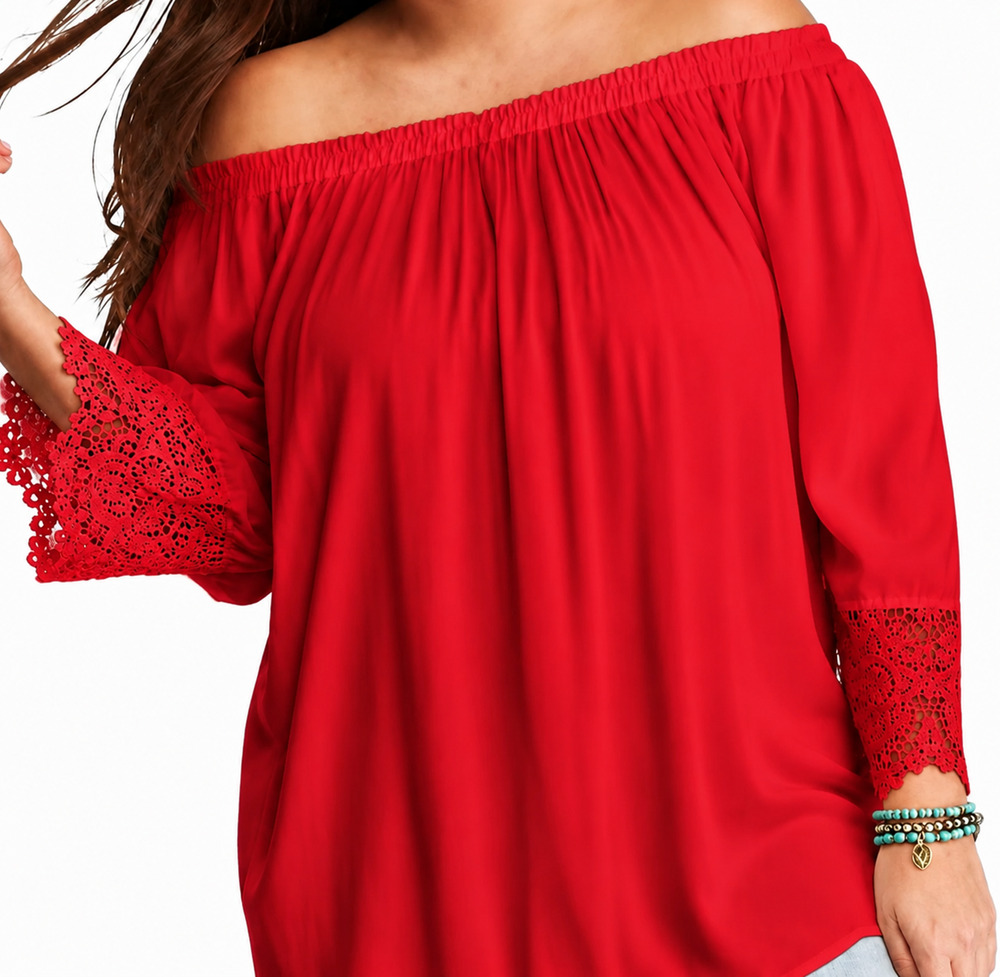 NWT Chelsea & Theodore Gauze Summer Top Medium Red Off The Shoulder Boho Blouse